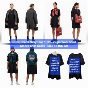 KENZO Paris Navy Blue 100% Virgin Wool Short Sleeve Shift Dress Size 44 (US 12)